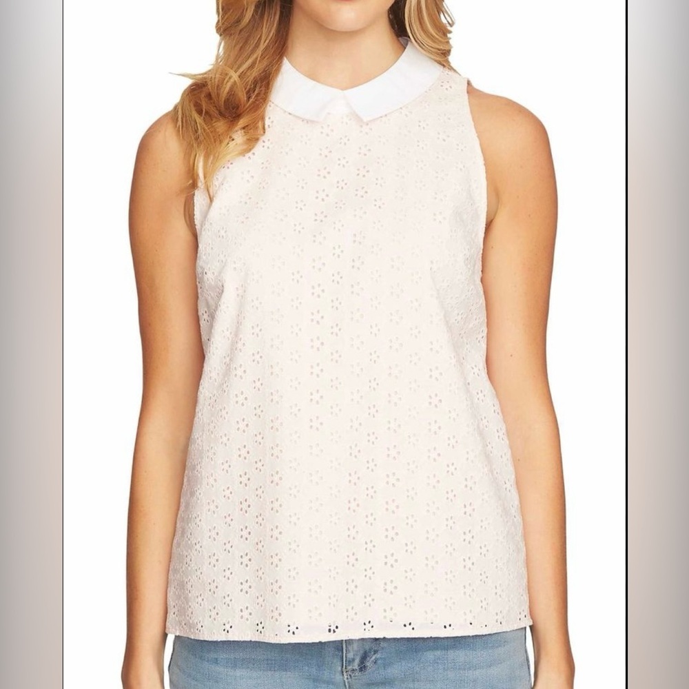 Cece Women's Sleeveless Ditsy Cotton Eyelet Collared Blouse Size Small